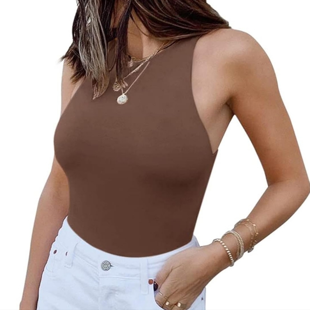Trendy High Neck Sleeveless Racerback bodysuit lined brown body suit Medium